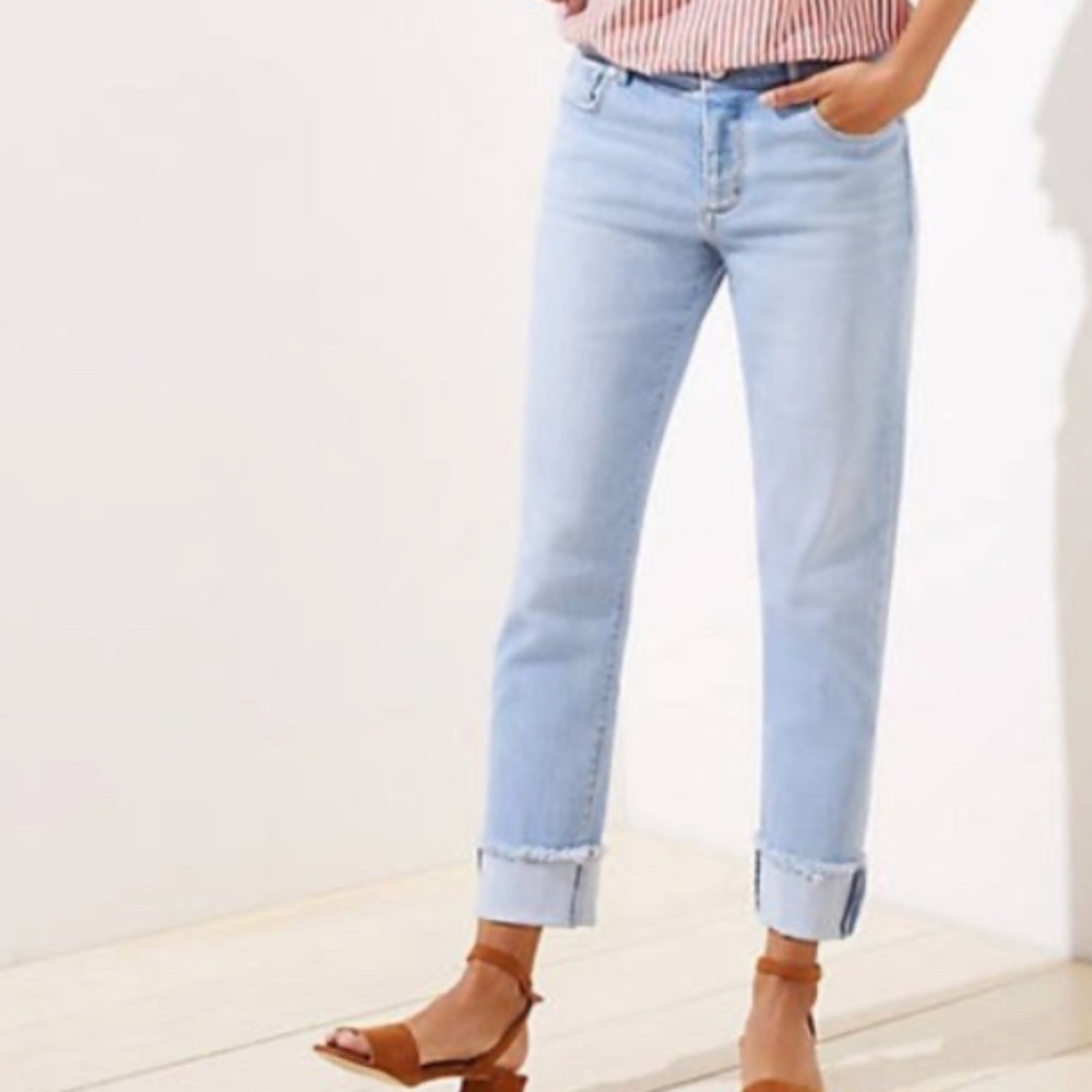 Frayed Flip Cuff Boyfriend Jeans in Light Indigo